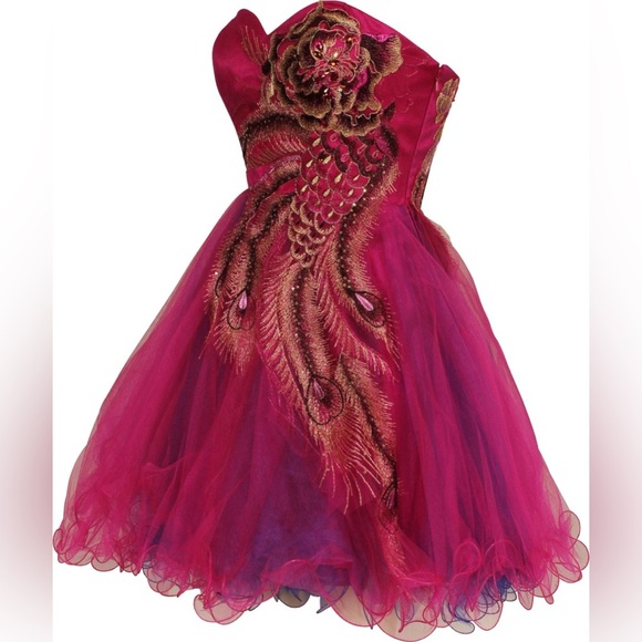 Gorgeous FIESTA Fuchsia Pink Tulle Embellished Bodice Sequin Embroidered Dress L - Picture 1 of 16